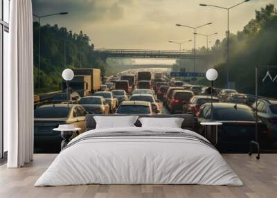 The highway was paralyzed with a massive traffic jam, cars bumper to bumper Wall mural