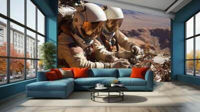 Two Men in Spacesuits Working on Equipment Wall mural