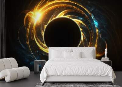 Brightly glowing abstract neon background with swirling banner. Spiral brightly shining with round light frame and glowing light circle. Space for your text covered. Wall mural