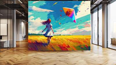 happy child girl with a kite running on meadow in summer in nature. Wall mural