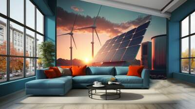 Solar panels and wind turbines under sunset background. Wall mural