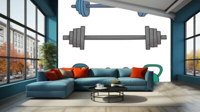 A set of simple dumbbells and barbells isolated on white backgro Wall mural