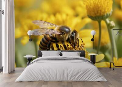 Bee and flower. Close up of a large striped bee collecting pollen on a yellow flower on a Sunny bright day Wall mural