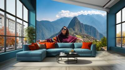 Woman enjoying the view of Machu Picchu Peru South America Wall mural