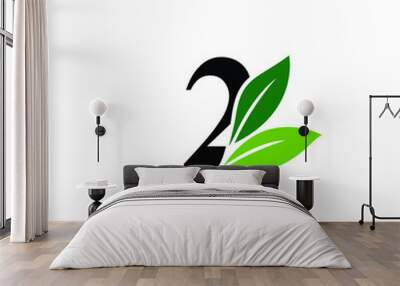 number 2 logo with green leaves, nature logo/icon design template. Wall mural