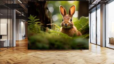 A wild rabbit standing in the forest under the warm sunlight Wall mural