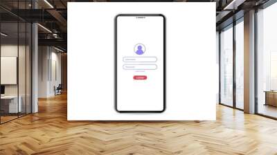 Log in screen. Mobile application interface, registration form with login and password fields. Website UI with buttons and network account. Wall mural