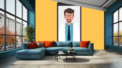 Online doctor consultation on the phone, yellow background. Stock vector Wall mural