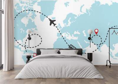 World map whit dashed trace line and airplanes flying, bus driving, and car. Travel concept. Clip-art illustration. Wall mural