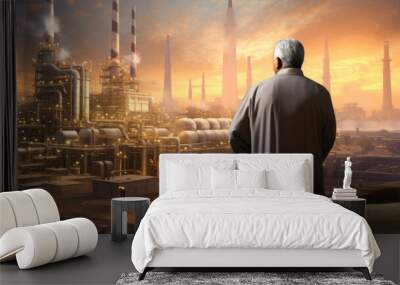 Businessman looking at the oil refinery at sunset. Oil and gas industry Wall mural