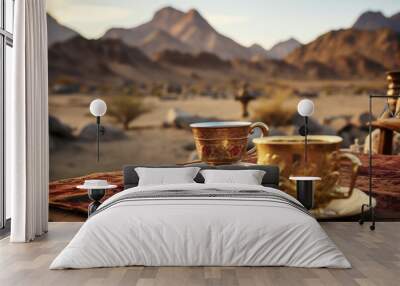 Coffee cup and saucer on table in Wadi Rum desert, Jordan Wall mural