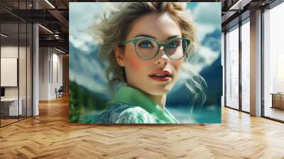 Fashion shot of a beautiful young woman in glasses on the background of mountains. Wall mural