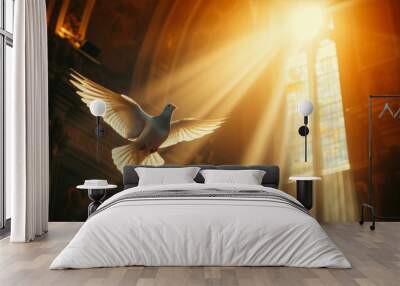 Pigeon flying in the church with rays of light and lens flare Wall mural