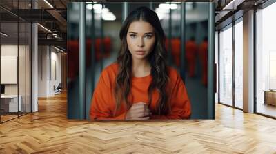 portrait of sad young woman in orange prison uniform looking at camera Wall mural