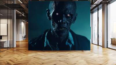 Zombie man in black suit on dark background. Halloween concept. Wall mural