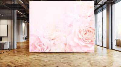 Summer blossoming delicate rose frame, blooming roses flowers festive background, pastel and soft floral card, selective focus, toned Wall mural