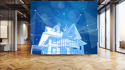 A modern house on a blue background surrounded by digital networks - an illustration of a smart eco-friendly home - the concept of modern information technology smart house or smart city / vector draw Wall mural