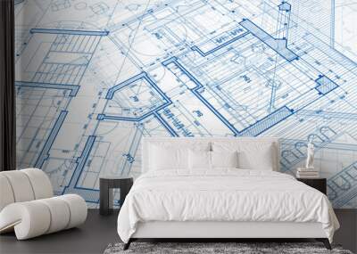 Architecture design: blueprint plan - illustration of a plan modern residential building / technology, industry, business concept illustration: real estate, building, construction, architecture Wall mural