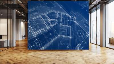 Architecture design: blueprint plan - illustration of a plan modern residential building / technology, industry, business concept illustration: real estate, building, construction, architecture Wall mural