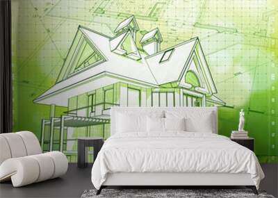 ecology architecture design: house, plans & green bokeh backgrou Wall mural