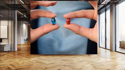 Female hands are holding blue and red pills. Blue and red. Concept: make your choice. Wall mural