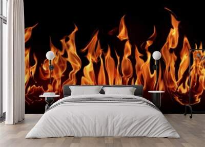 Fire - the line of fire created by excellent flames on a horizontal surface - a large set of fiery elements on a black background Wall mural