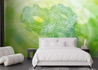 Gears on a green radial technology background Wall mural