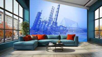 modern chemical manufacturing plant on a blue technological background with a stylized digital wave - the concept of modern technology, the new industrial revolution & information technology / vector Wall mural