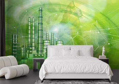 modern chemical manufacturing plant on a green technological background with a stylized digital wave - the concept of modern technology, the new industrial revolution & information technology / vector Wall mural