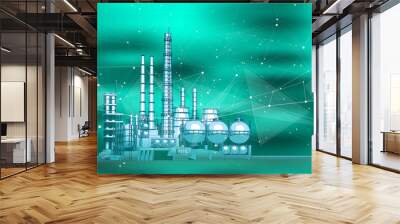 modern chemical manufacturing plant on a green technological background with a stylized digital wave - the concept of modern technology, the new industrial revolution & information technology / vector Wall mural