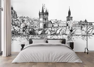 panorama of prague. view of charles bridge and the vltava river Wall mural