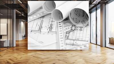 rolls of architecture blueprint, house plane & metric folding ru Wall mural