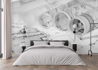 rolls of architecture blueprints & house plans Wall mural