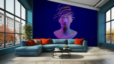 3d digital abstract human face on a dark background. Futuristic face cut into colored slices. Metaverse, artificial intelligence Ai concept. Wall mural