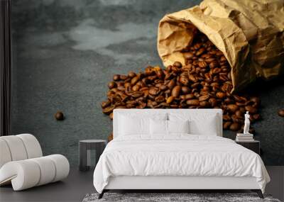 Coffee background. Roasted coffee beans on a dark background. Coffee banner for menu, design and decoration Wall mural