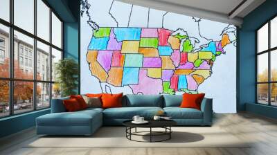 Drawn Map of the USA. Colored Map of America for Kids with Pencils Wall mural