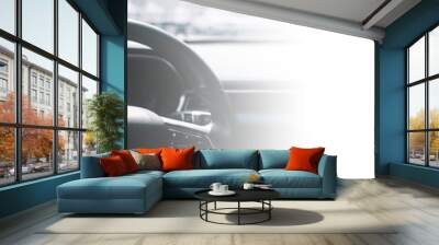 Driver car in car interior banner background. Driving on road. Hands on the steering wheel background Wall mural