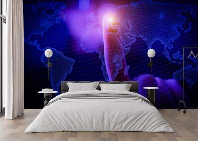 Global social and technology network communication concept. Businessman touches a global web map. Future, 5G, innovations and development background Wall mural