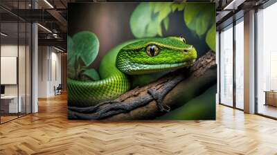 Green snake on a branch. Created with generative Ai technology. Wall mural