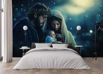 Couple reenacting a Christmas live nativity scene Wall mural