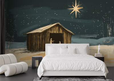 Nativity Of Jesus Christ - Comet Star And Stable - Scene With The Holy Family In Desert At Night Wall mural