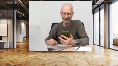 Satisfied elderly man looking at mobile phone and smiling Wall mural