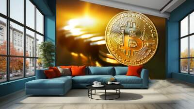 Golden Bitcoins on a gold background .Photo (new virtual money ) Wall mural