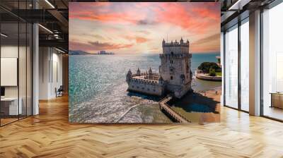 Aerial view of Tower of Belem at sunset, Lisbon, Portugal on the Tagus River. Wall mural