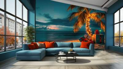 Palm trees in decoration on exotic beach at night Wall mural