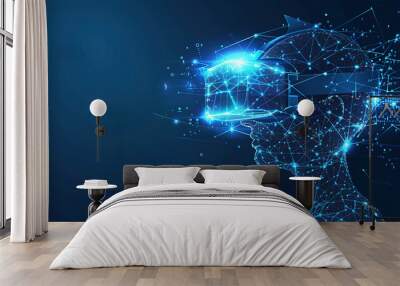 A virtual reality headset made by low-poly wireframe in dark blue abstract background  Wall mural