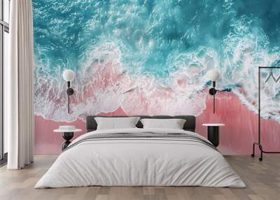 beautiful pink sand in beach waves, blue sea view Wall mural