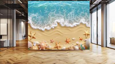 blue sea waves with shells on the beach sand Wall mural