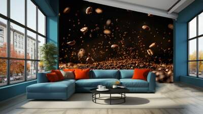 flying coffee beans in dark background Wall mural