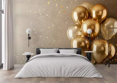 Gold shiny balloon in beige background for celebration Wall mural